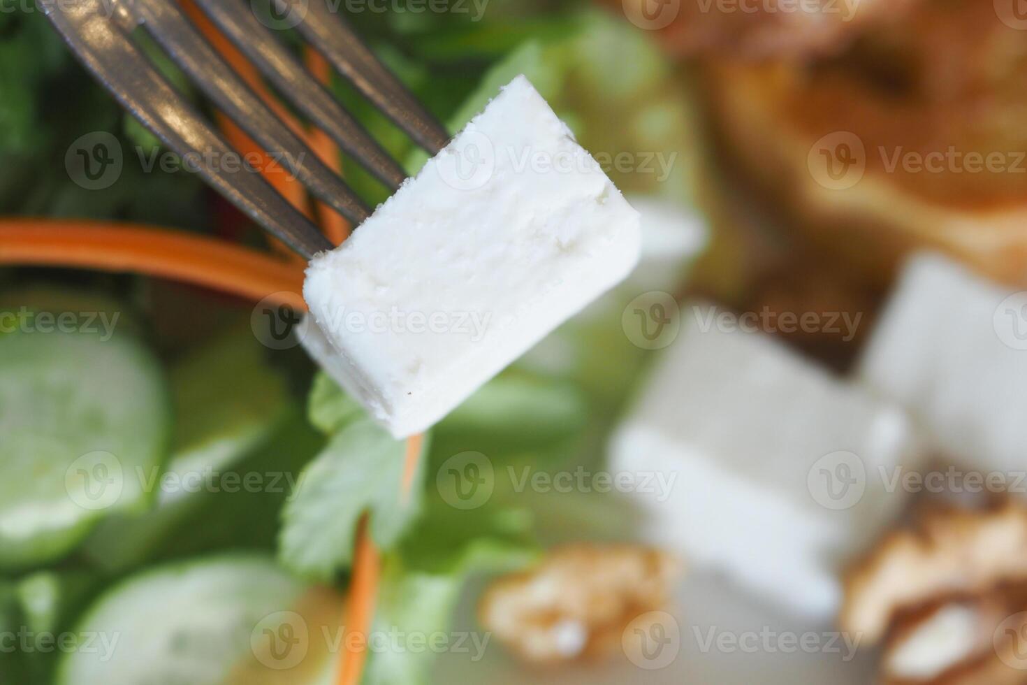 Delicious block of cheese on a fork with salad and vegetables photo
