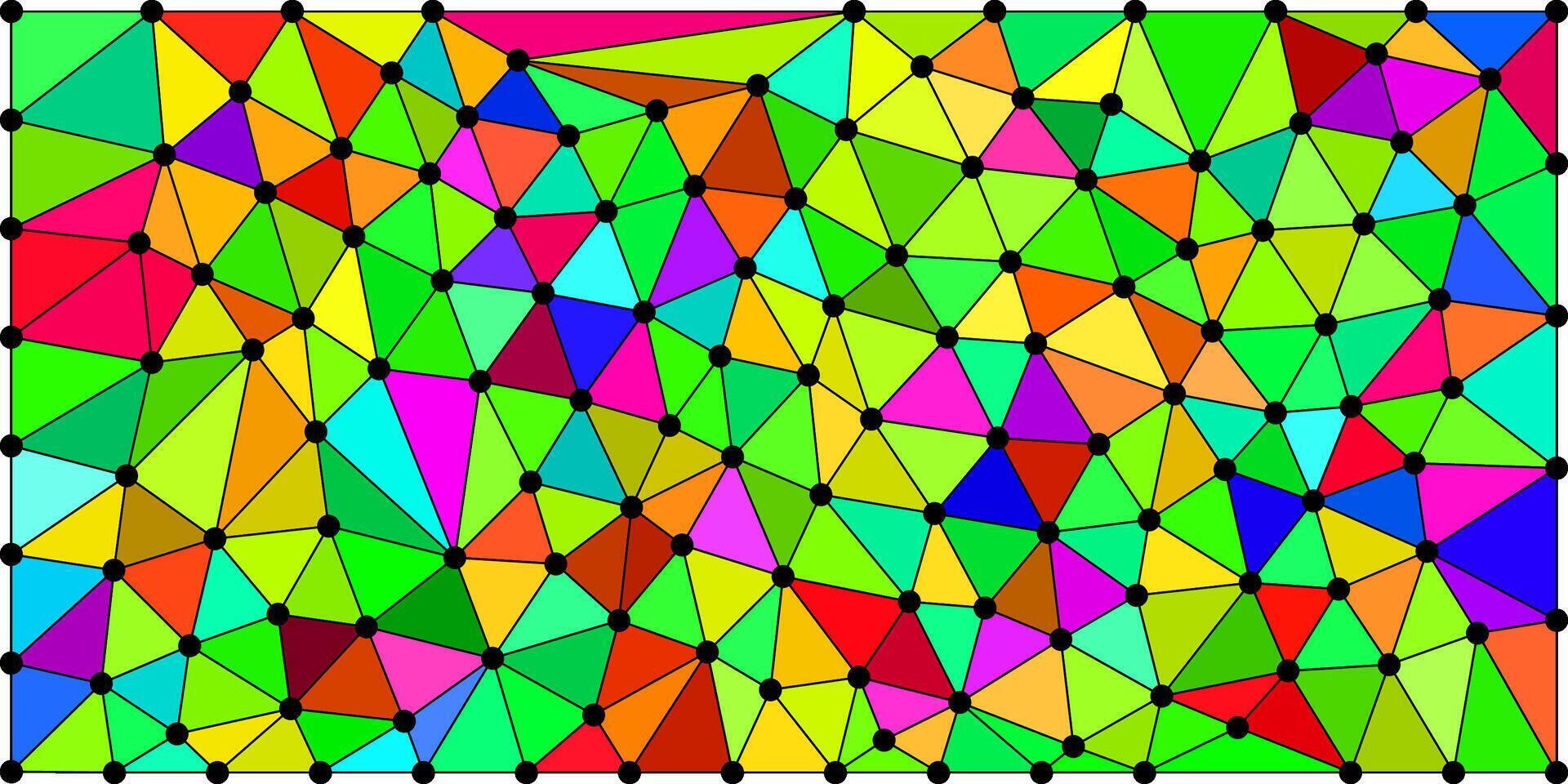 A vibrant abstract mosaic of colorful geometric triangles, each bordered in black with nodes, forming a complex and dynamic pattern across a rectangular canvas. vector