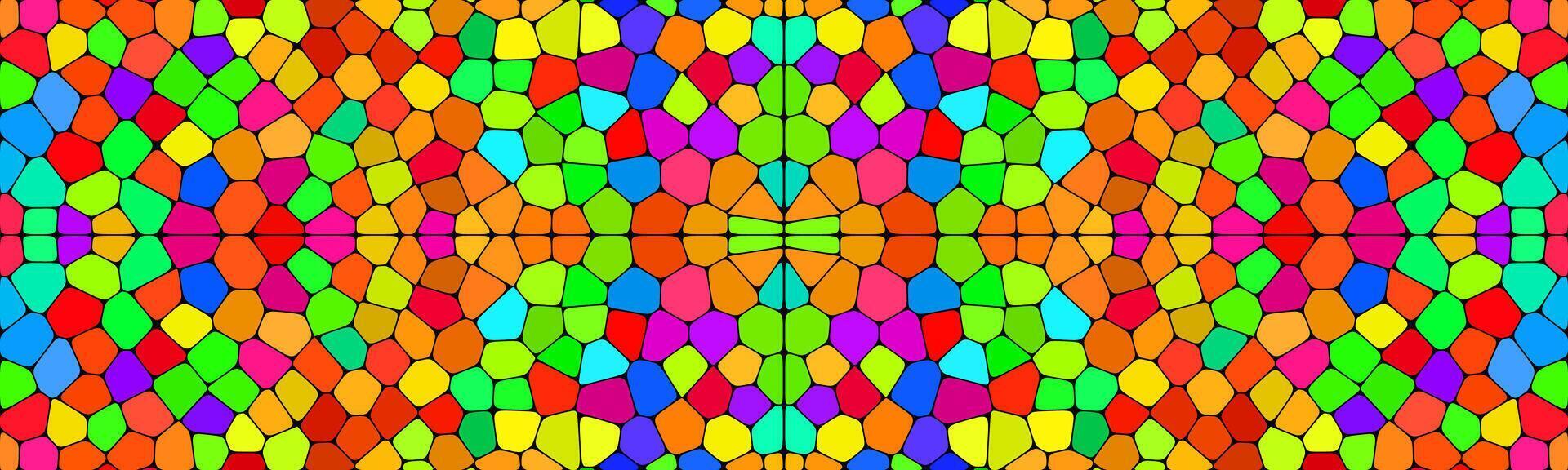 A vibrant, symmetrical mosaic bursts with a kaleidoscope of colorful, irregular shapes. vector