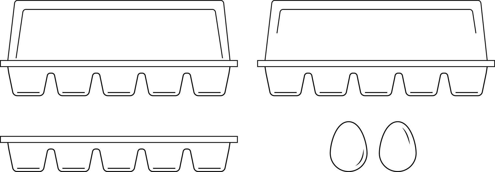 Set of chicken eggs and egg trays. Outline style. vector