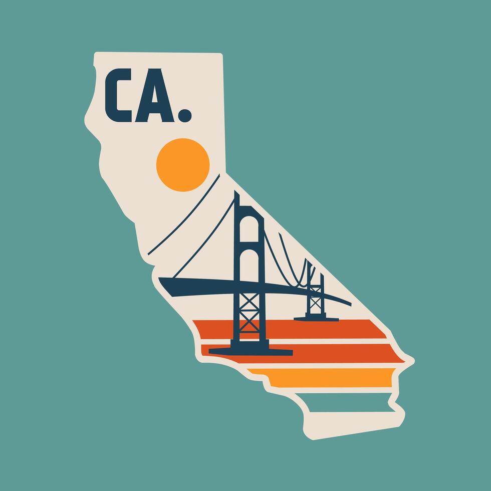 California Map with Golden Gate Scenery Perfect for Sticker, Apparel, etc vector