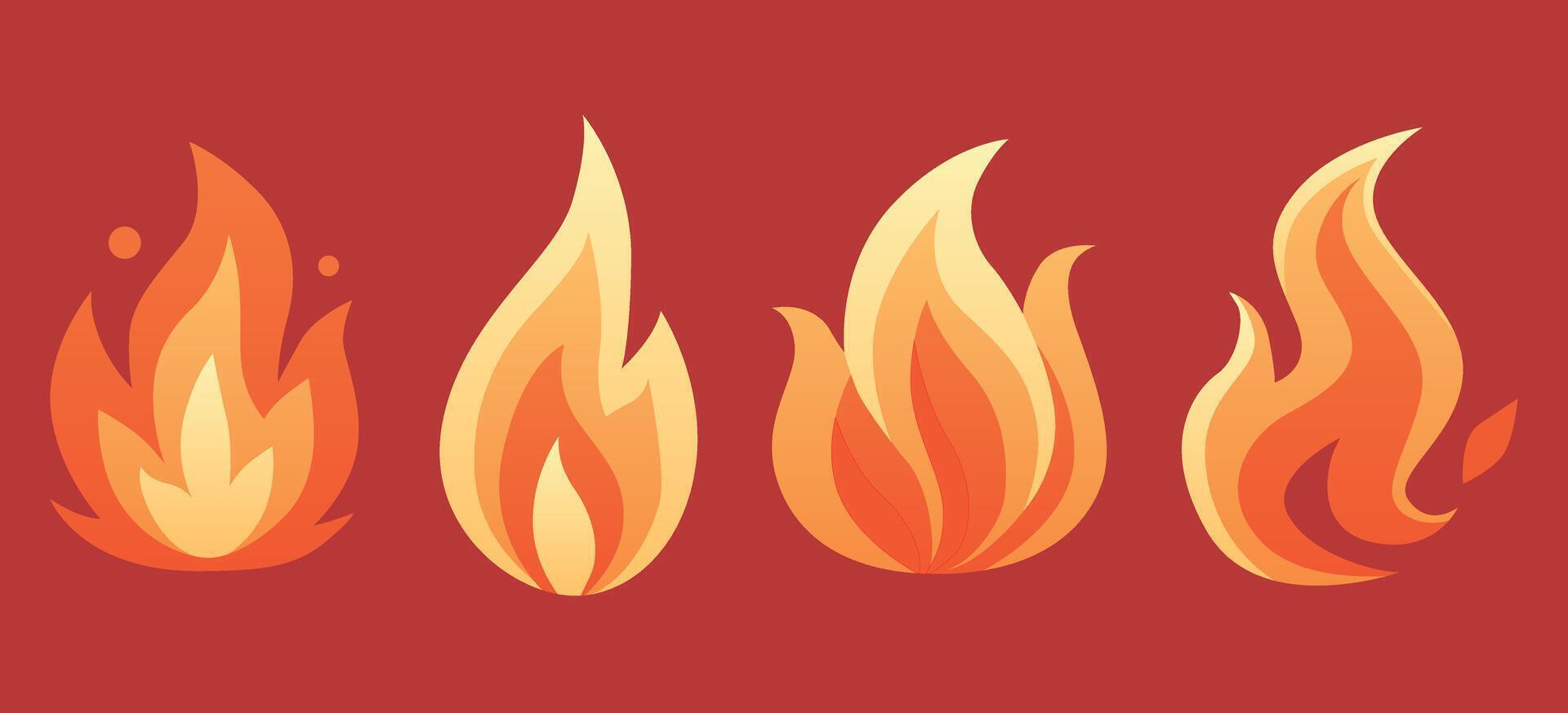 Set of Four Stylized Fire Flame Flat Illustrations vector