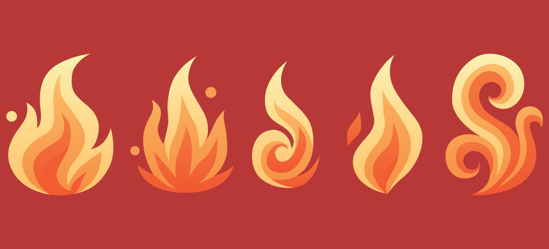 Set of Stylized Fire Flame Collection Flat Illustrations vector