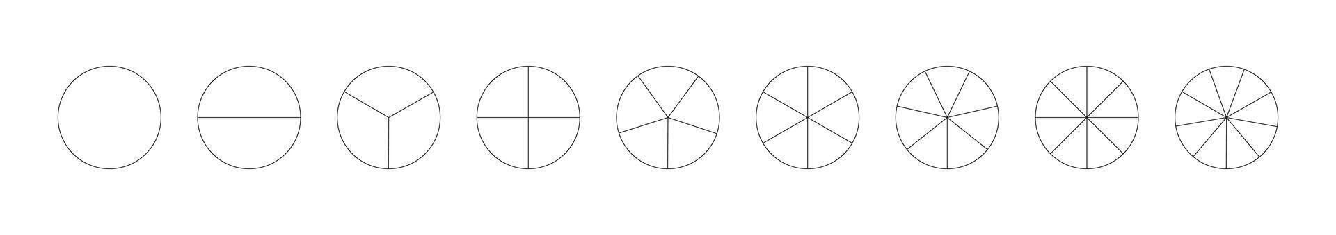 Circle division on from 1 to 9 equal parts. Round divided diagrams with from one to nine segments. Set of infographic icon. Coaching blank. Pizza, pie chart. Segmented pinwheel black. Outline graphics vector