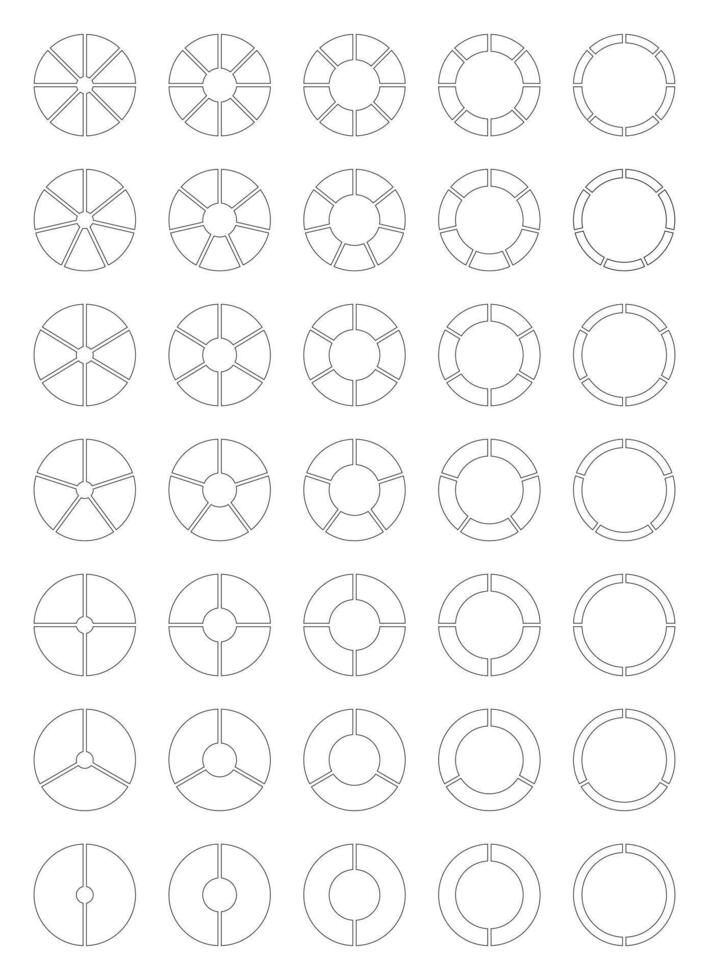 Circle division from 2 to 8 equal parts. Diagrams with segments. Coaching empty blank. Pie, pizza chart icon. Set of Infographics. Wheel round divided. Section graph black line art. Donut flat charts. vector