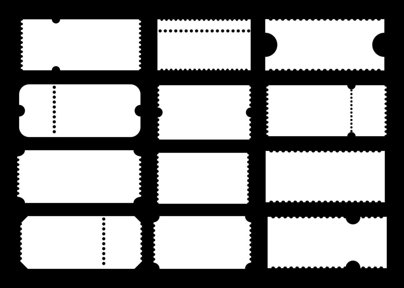 Admit one tickets flat mockup. Ticket printable pattern for cinema, circus, theater, festival, casino, club. Empty flat template. Boarding blanks, lottery, sale coupon. Blanks white backgrounds layout vector