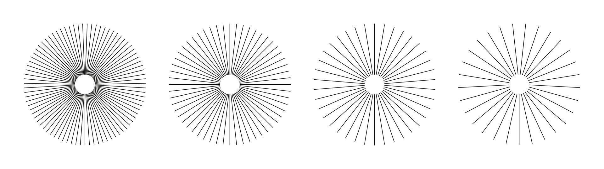 Radial circle lines. Circular black lines elements. Symbol of Sun star rays. Flat design minimal elements. Set of spokes with radiating stripes. Abstract illusion geometric shape. Graphic illustration vector