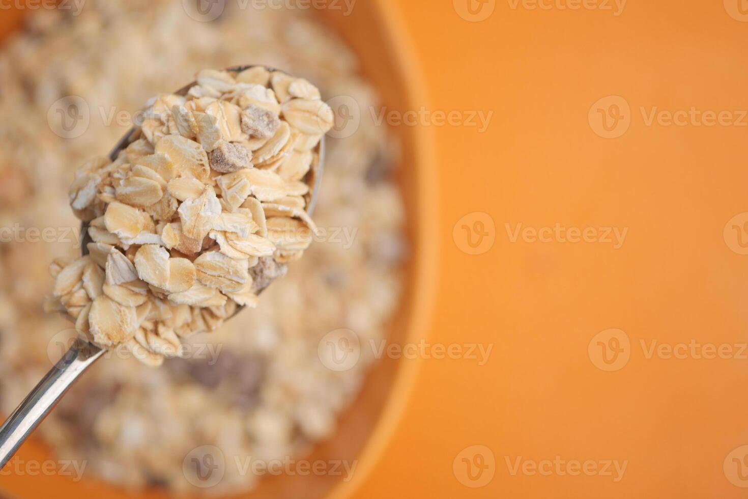 Spoonful of wholesome oats placed above a bowl of cereal blend photo