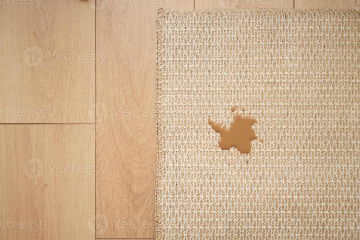 Coffee spill on woven texture carpet in a modern room setting photo