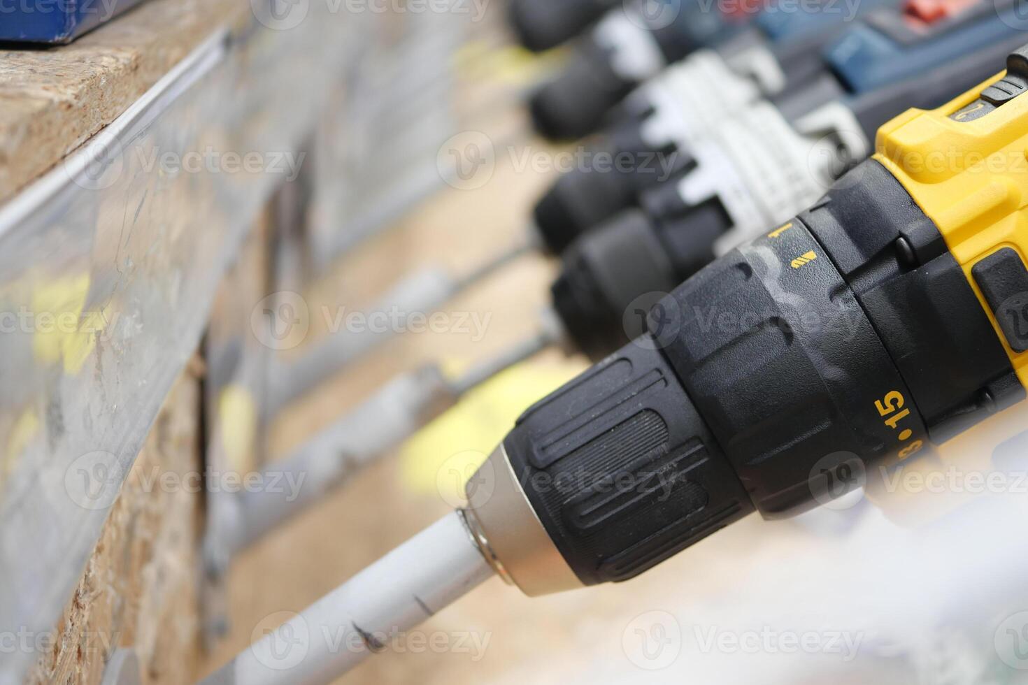 Tools arranged on a workbench ready for construction tasks photo