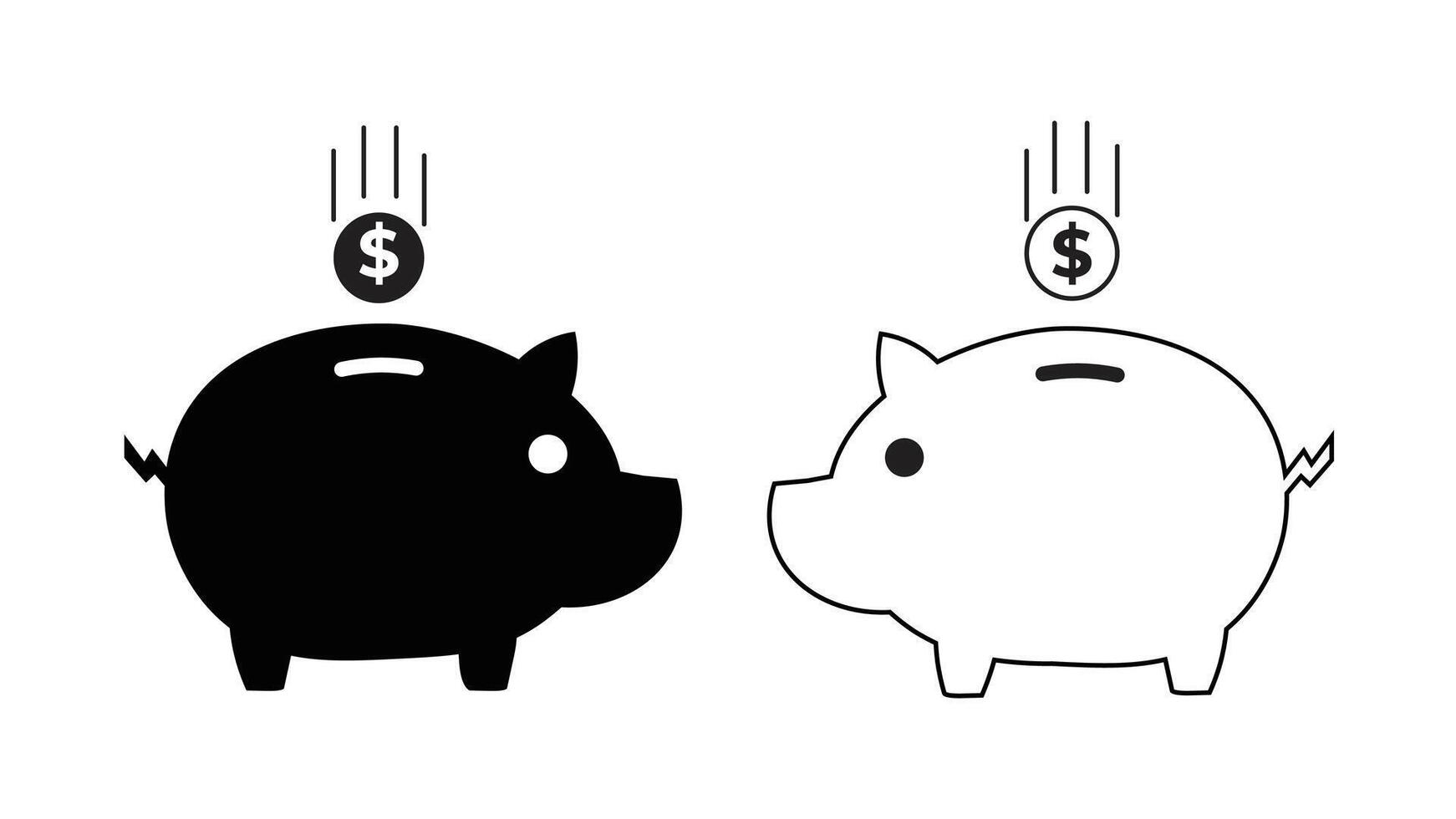 Monochrome Piggy Banks Illustration with falling dollar coins, financial savings. vector