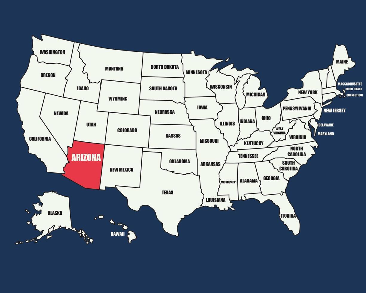 Colorful USA map with state names, highlighting Arizona, perfect for geography, education, and travel themes. vector