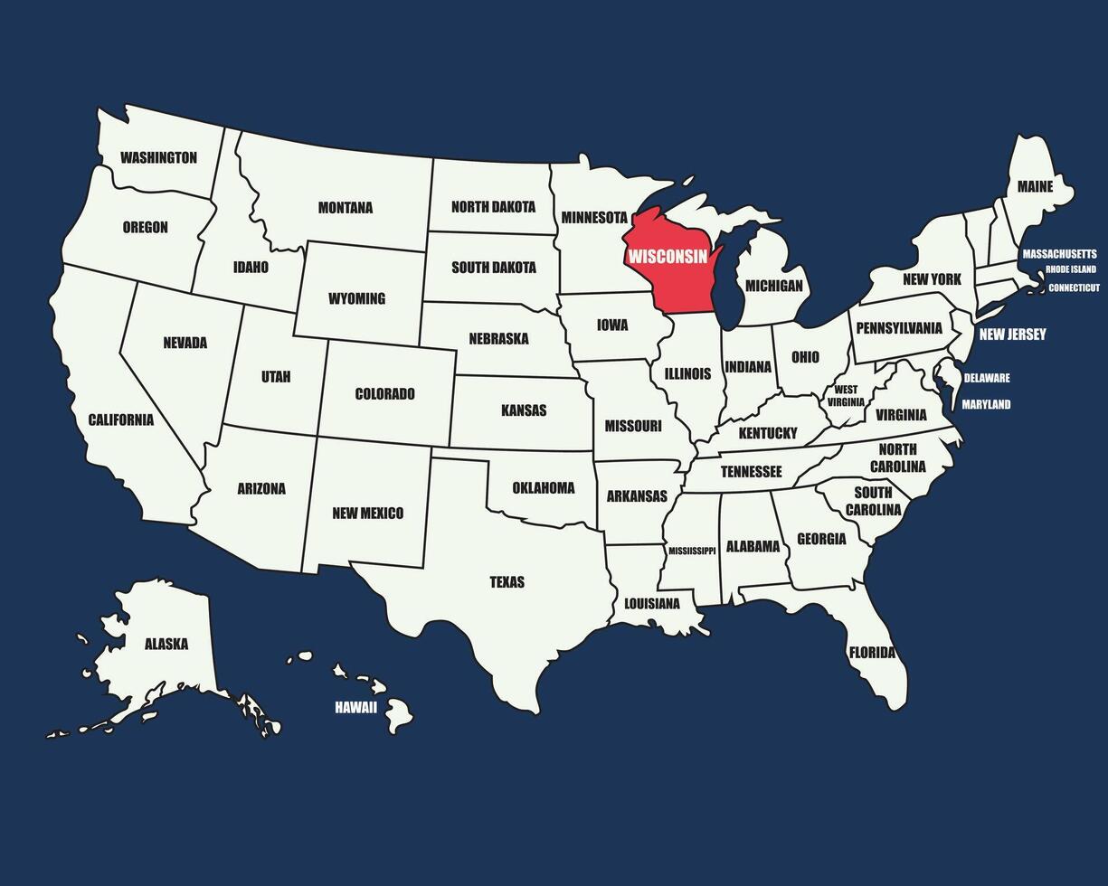 Educational USA map with labeled states, highlighting Wisconsin in vibrant colors for learning and teaching. vector