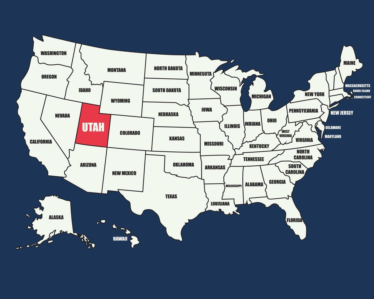USA map with state names, highlighting Utah, perfect for geography, travel, and educational purposes. vector