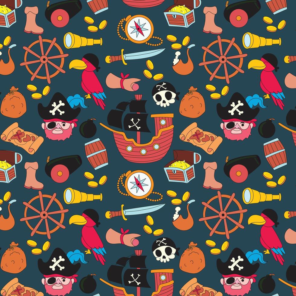 Seamless pirate pattern in hand drawn style featuring nautical icons like skulls, treasure, ships, maps, and swords. Perfect for backgrounds, textile prints, packaging, and more. vector