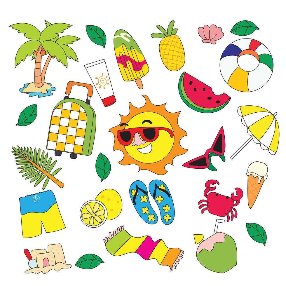 A playful hand drawn summer element collection featuring sun, beach, cocktails, floaties, and swimwear. Perfect for seasonal designs, travel ads, packaging, backgrounds, and greeting cards. vector
