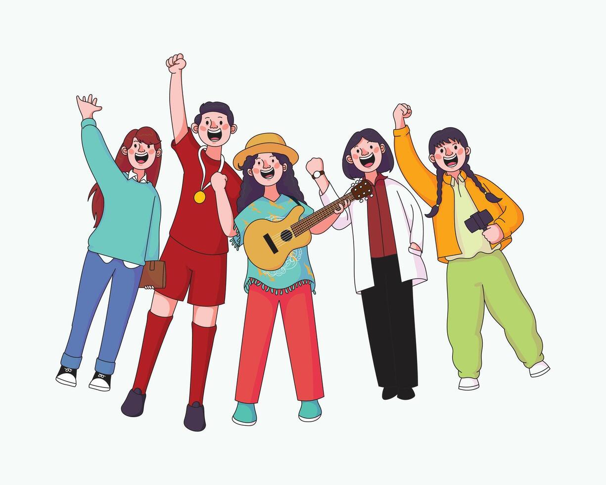 Cute Indonesian youth from various professions united for Independence Day, symbolizing unity and pride vector