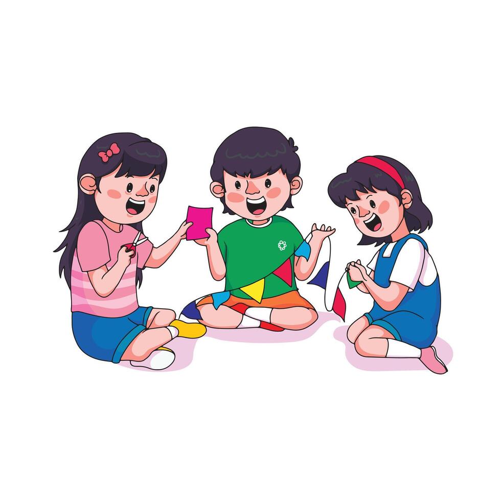 Happy kids crafting and making flags together, celebrating creativity and joy on Children's Day event. vector