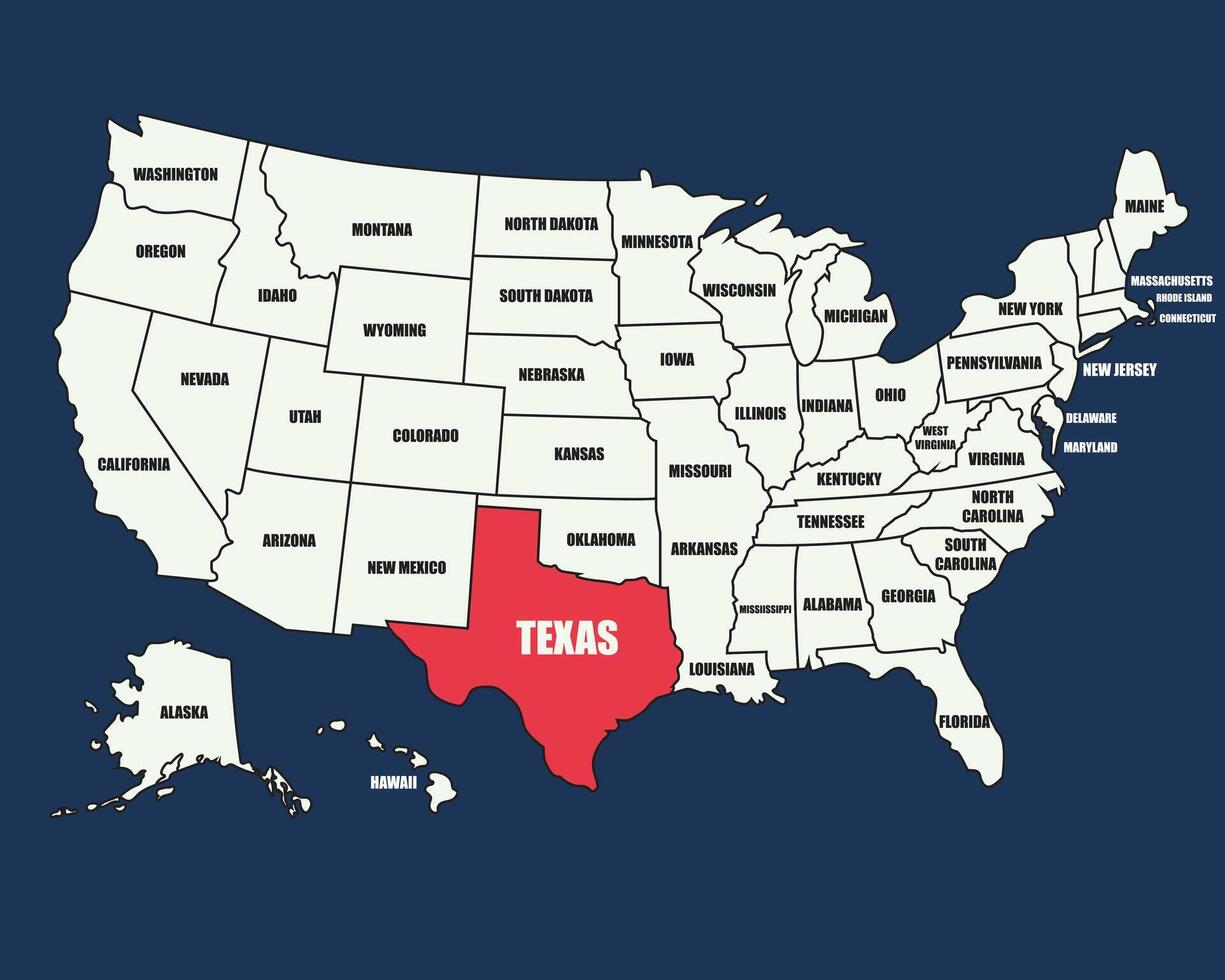 USA map illustration with labeled states, highlighting Texas in bold, perfect for education and geography use vector