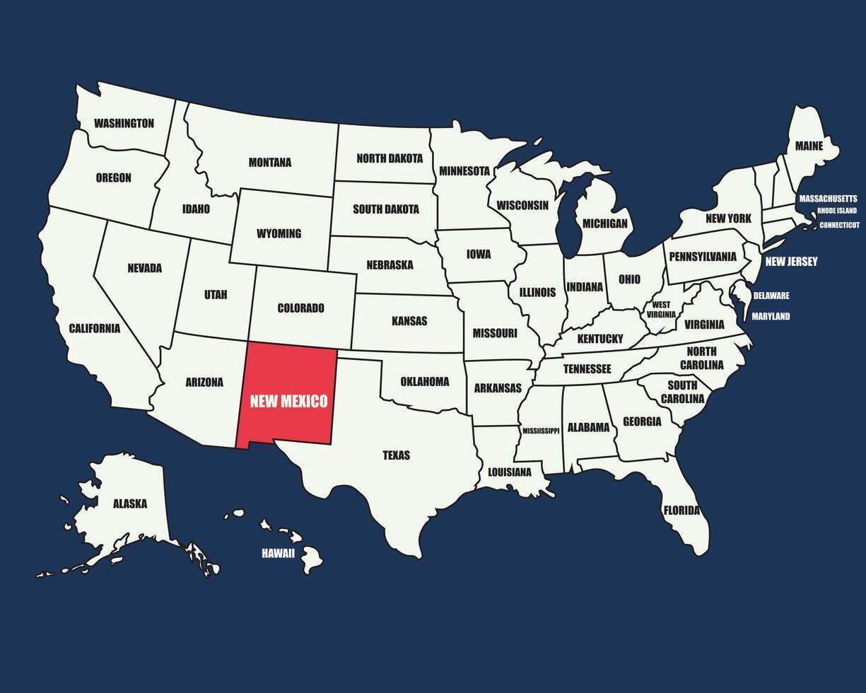 Colorful USA map with state names, highlighting New Mexico, ideal for education, travel, and geography use. vector
