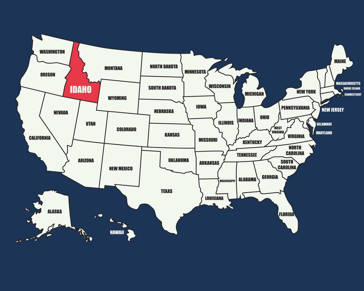Colorful USA map with state names, highlighting Idaho, ideal for education, travel, and geographic projects. vector