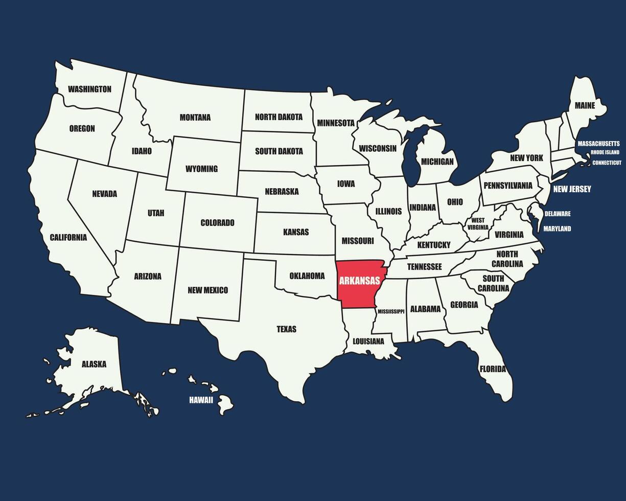 Colorful educational map of the United States highlighting Arkansas with labeled states and vibrant details vector
