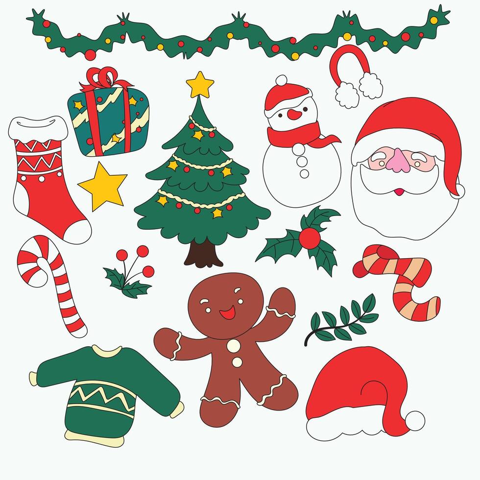 Hand-drawn Christmas element set featuring festive icons in a cute, doodle style for holiday design use. vector