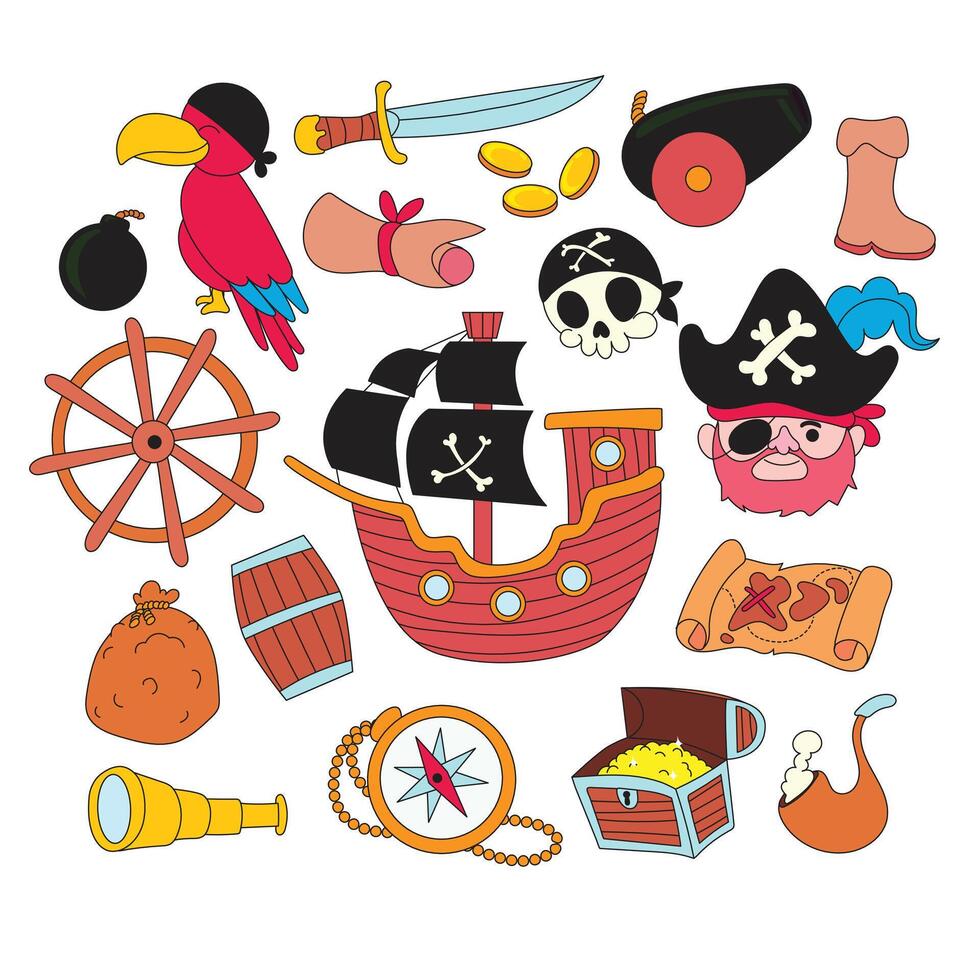 Collection of hand drawn pirate elements featuring iconic nautical items like skulls, ships, maps, swords, and treasure. Perfect for adventure-themed graphics, tattoo designs, and prints. vector