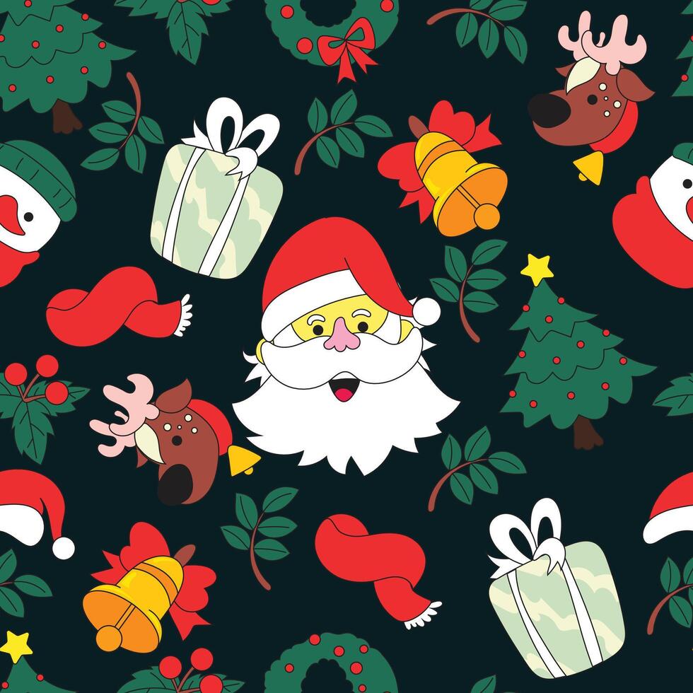 Unique hand drawn seamless Christmas pattern featuring quirky festive elements in lowbrow art style. vector