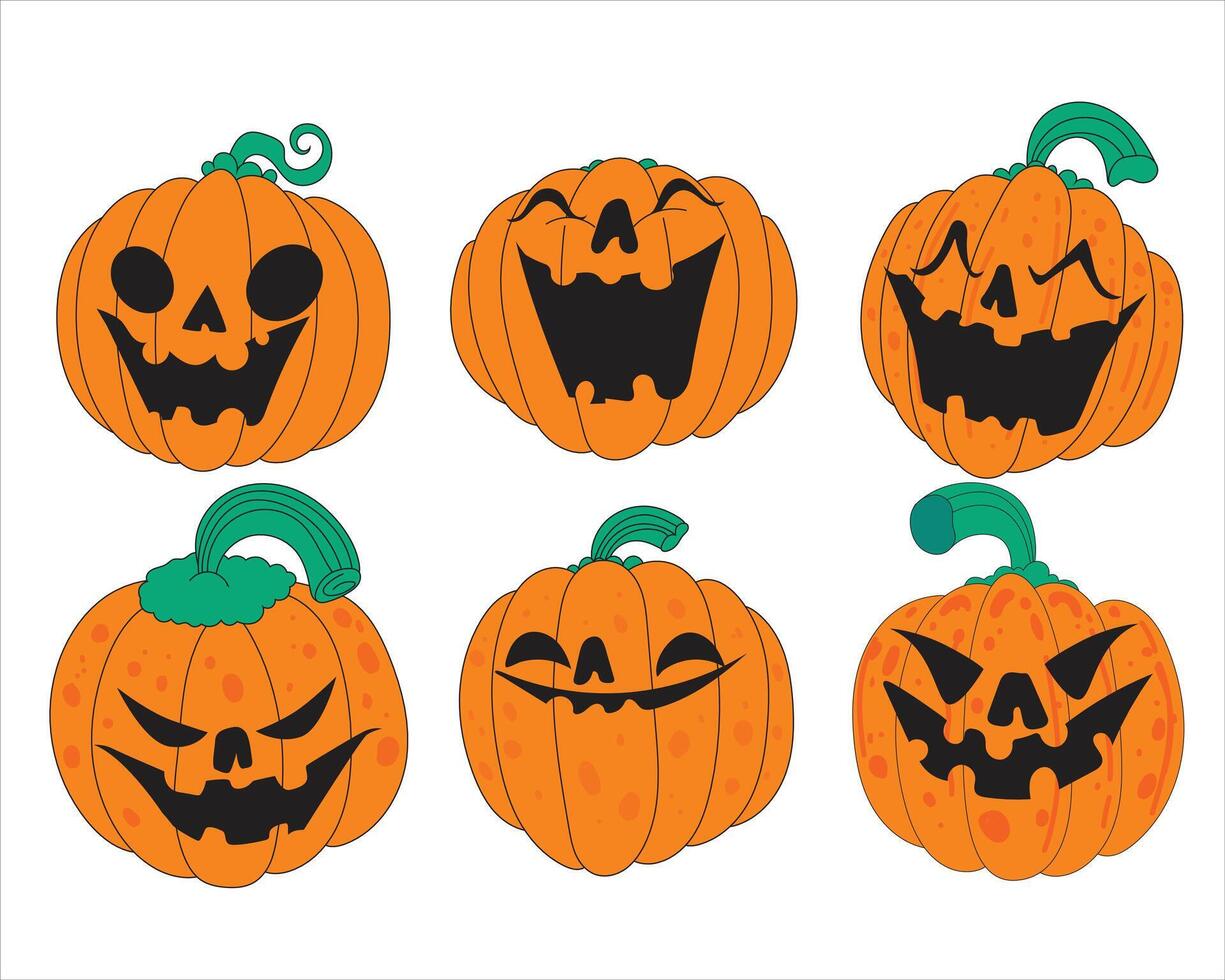 A hand drawn Halloween element set featuring creepy and funny pumpkin freaks in lowbrow style. Perfect for stickers, posters, party invites, spooky packaging, and seasonal decorations. vector