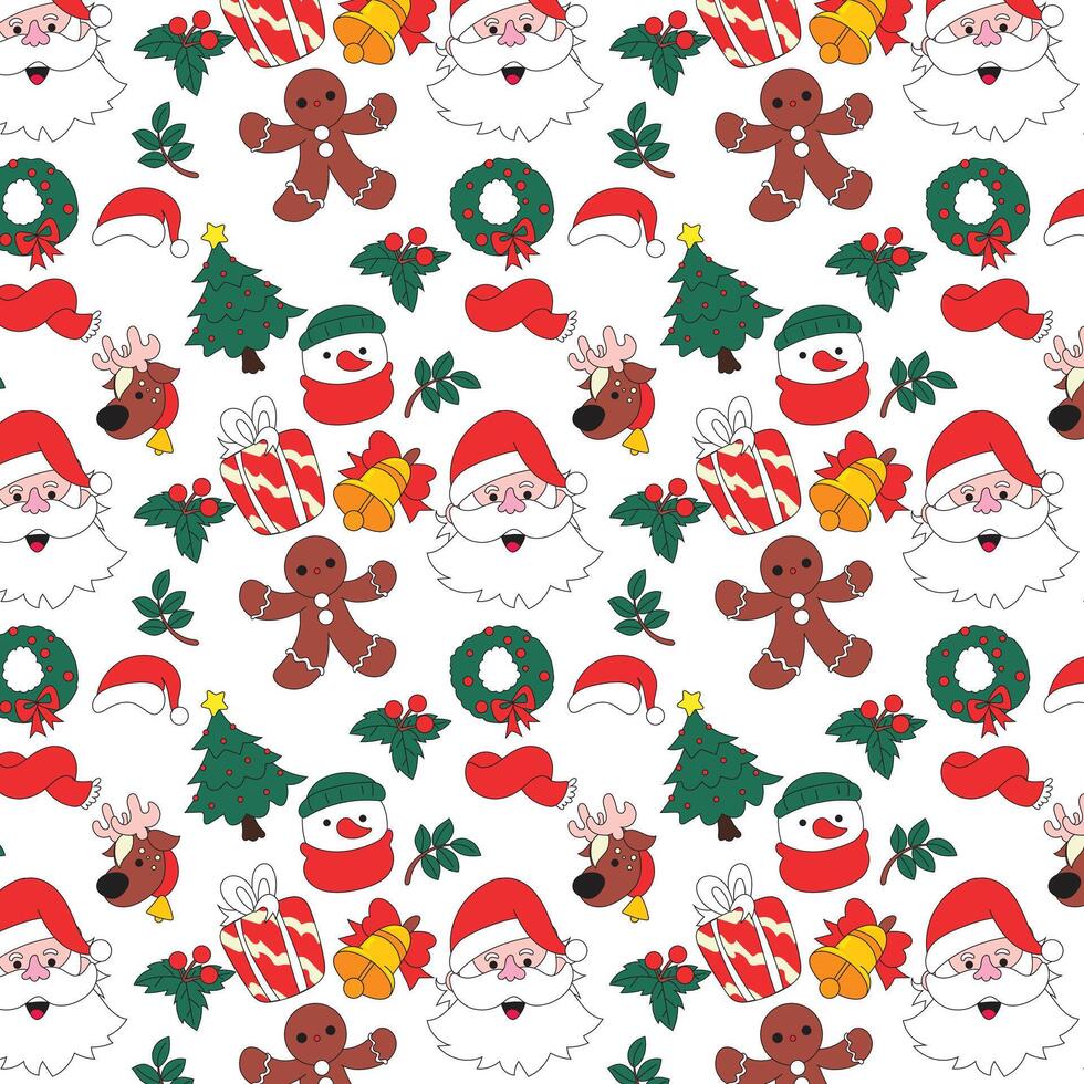A seamless hand drawn Christmas pattern in lowbrow art style, featuring festive elements like Santa, trees, snowflakes, and gifts. Ideal for wrapping, decoration, cards, and textile design. vector