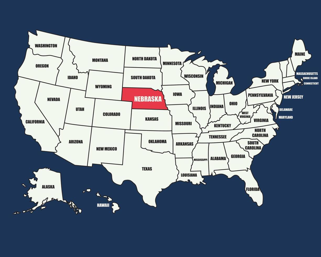 USA map with state names, highlighting Nebraska, ideal for geography, education, and travel-themed designs. vector