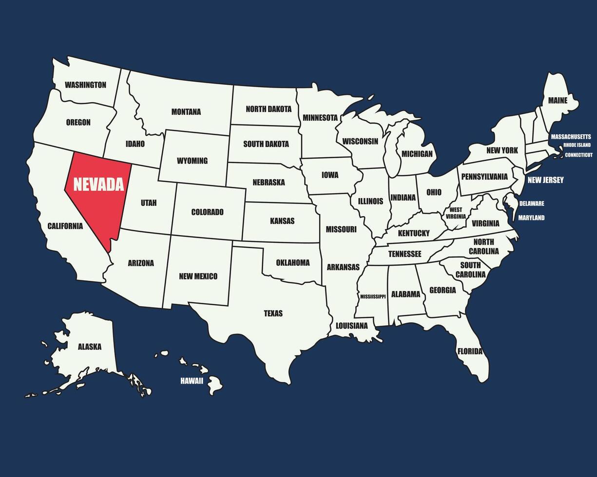 Detailed USA map illustration with state names, highlighting Nevada, perfect for geography, education, and travel. vector