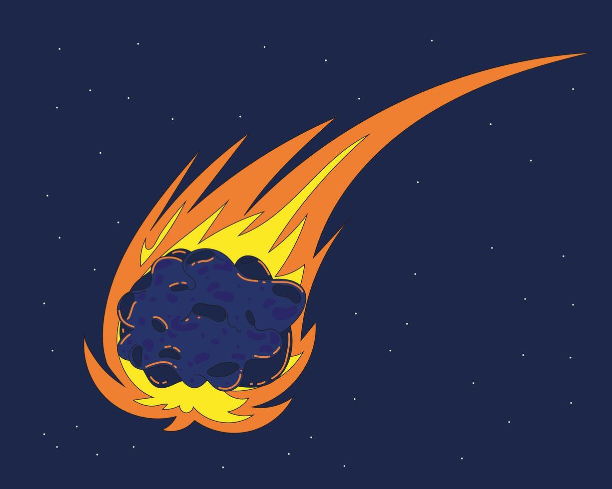 Cartoon comet or meteorite with glowing orange trail crashing into asteroid, perfect for science-themed design vector