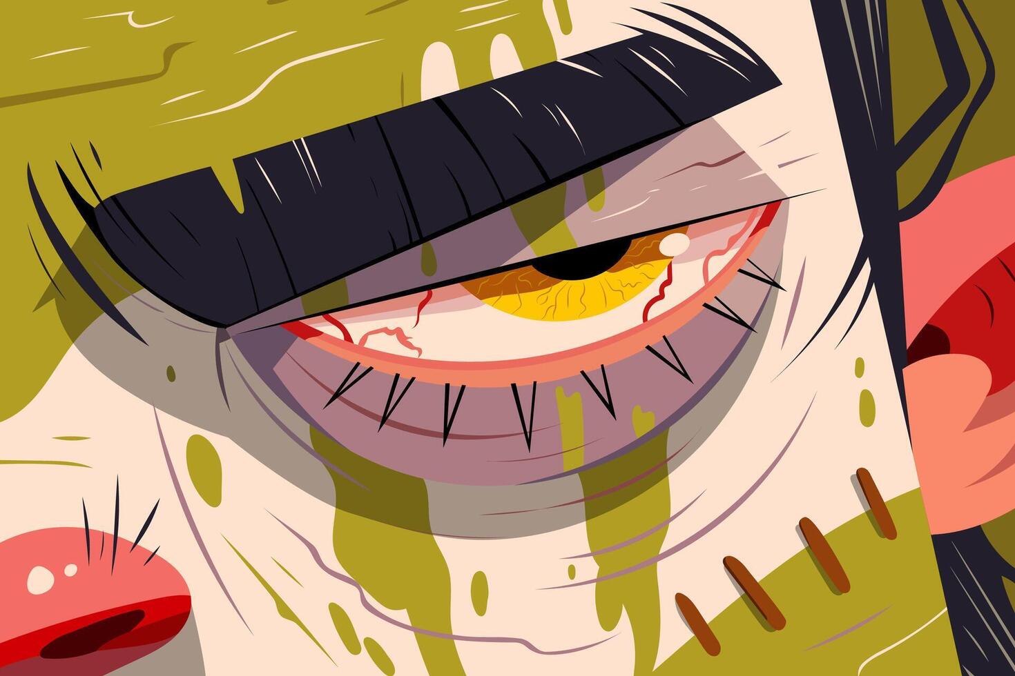 Flat graphic illustration of a zombie close-up. Features bloodshot eye, stitches, green decaying skin, and a dark eyebrow. Horror, Halloween, spooky, undead concept. vector