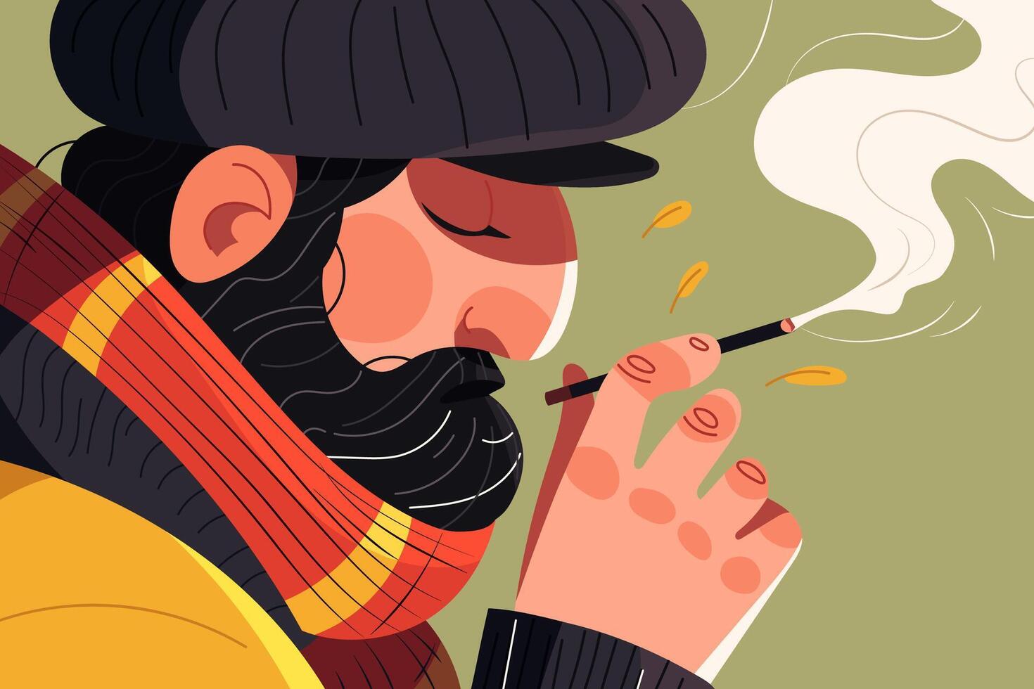 Colored illustration of a man with a beard, cap, and scarf smoking a cigarette. Features smoke and falling yellow leaves in a flat, modern style. vector