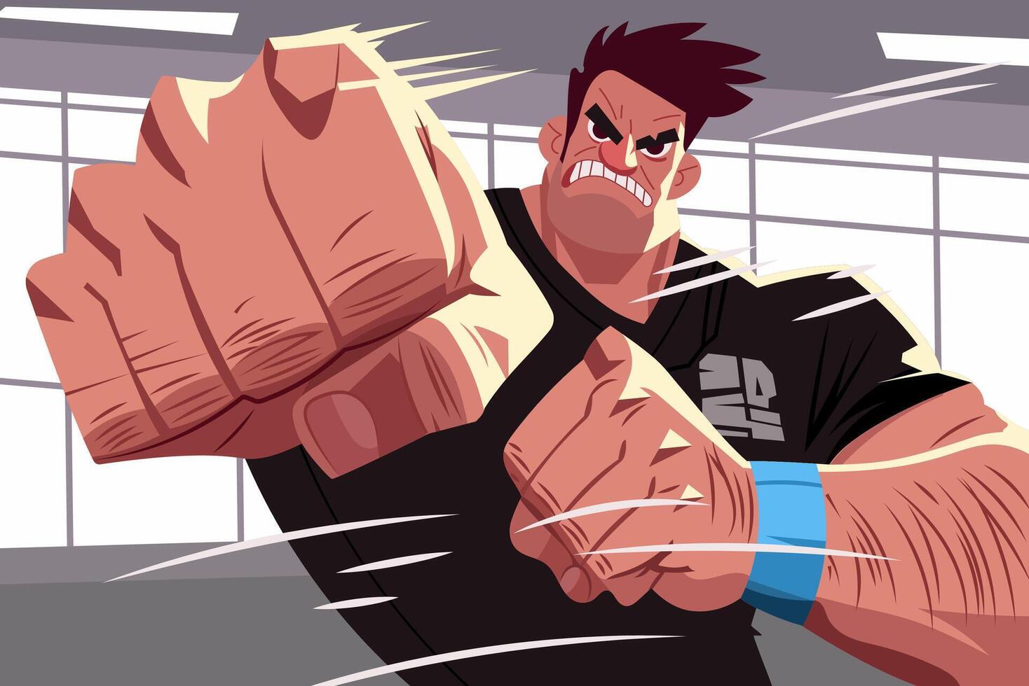 Striking illustration of an aggressive man with big fists, showcasing raw power and intensity. Perfect for sports, fitness, and motivational themes. vector