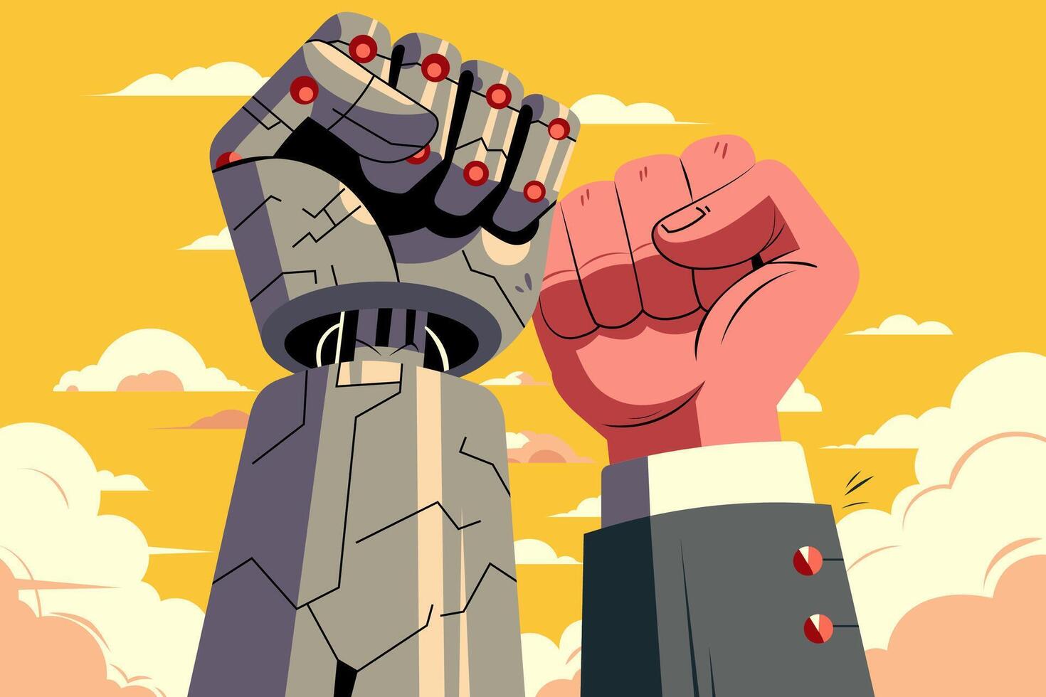 Vibrant illustration showcasing a powerful symbolic clash between a robotic and a human fist, representing unity and resilience against challenges. Strength and determination. vector