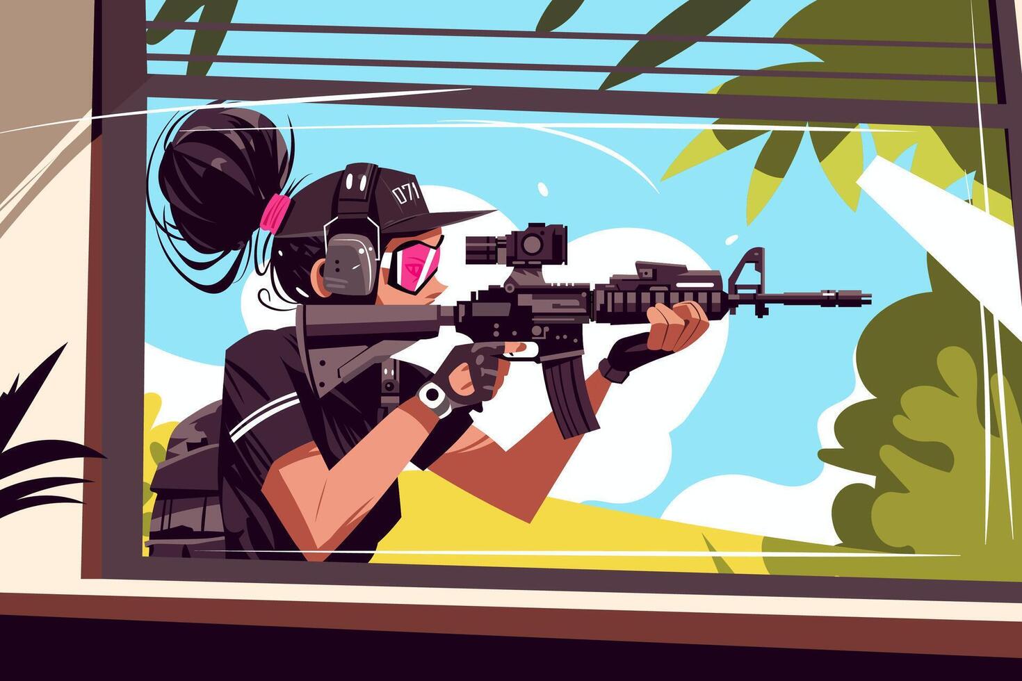 Tactical female with rifle aiming from window. Security concept flat illustration. Urban defense, military operation vector