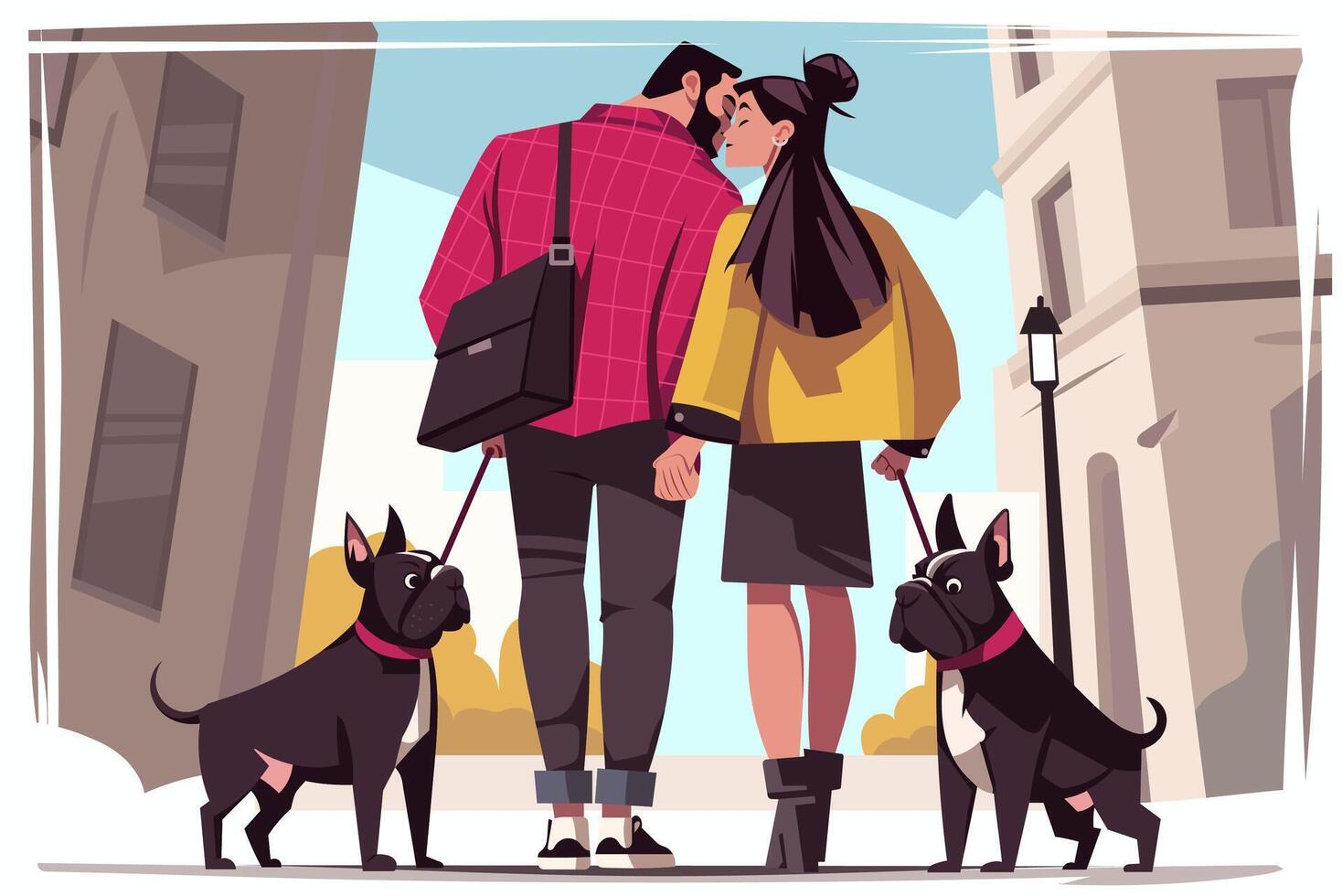 Charming illustration of a couple walking two French bulldogs, capturing a joyful moment of companionship. Perfect for pet-related themes, lifestyle content, and family-oriented projects. vector