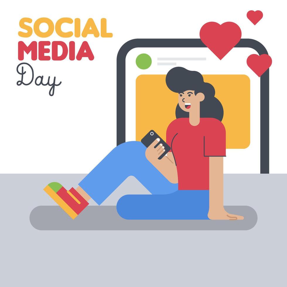 Happy social media day with girl illustration vector