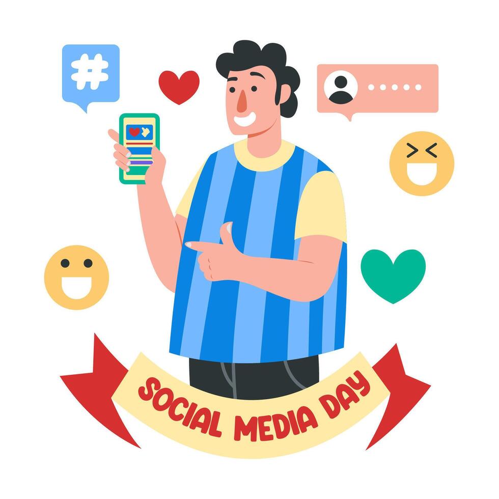 Happy social media day with emoji man illustration vector