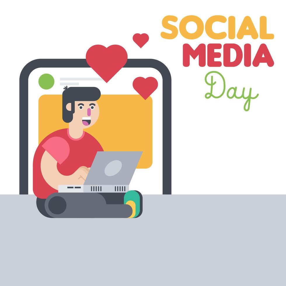 Happy social media day with boy on laptop illustration vector