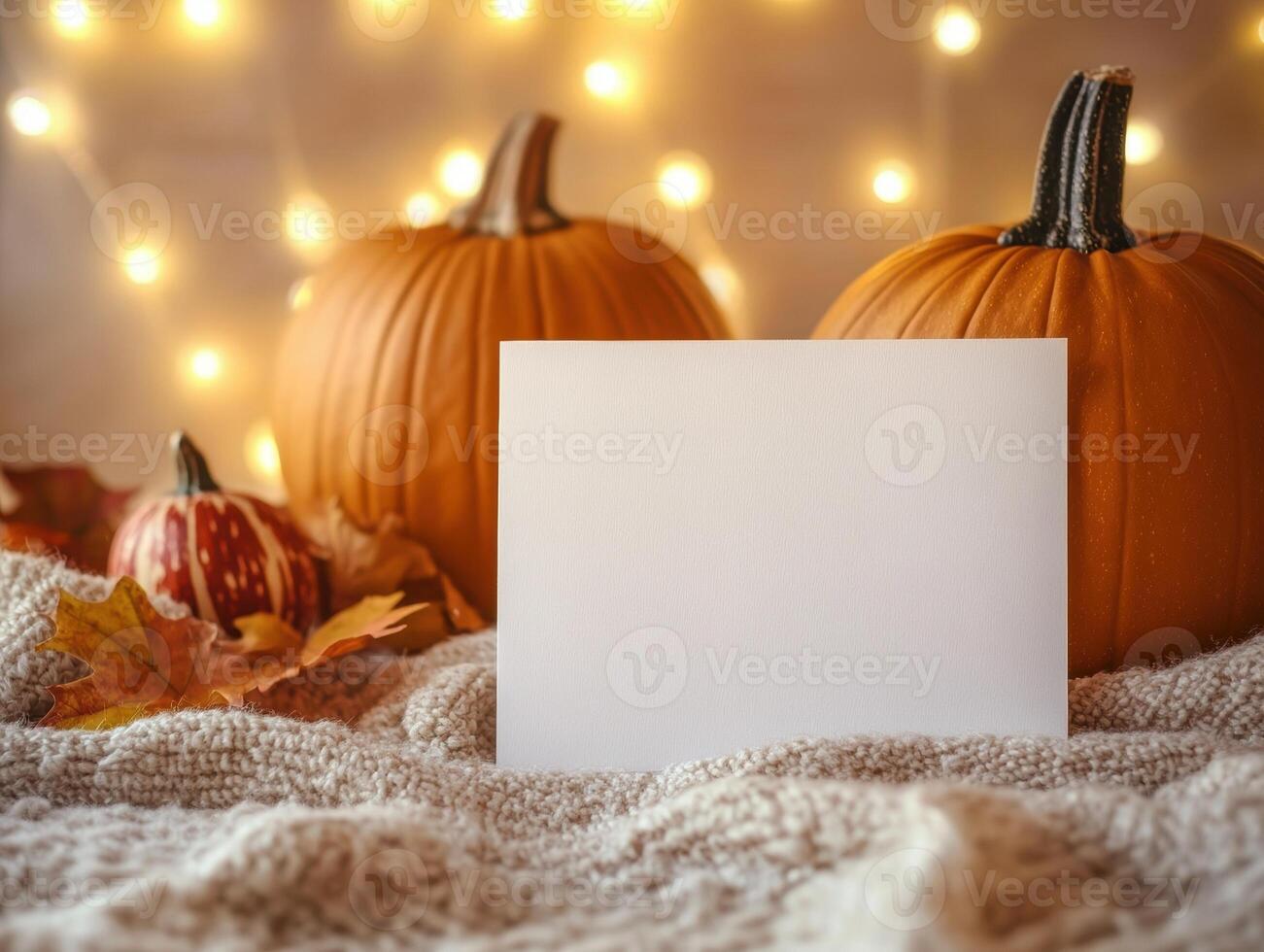 Autumn greeting card mockup amidst pumpkins and cozy decor for seasonal design photo