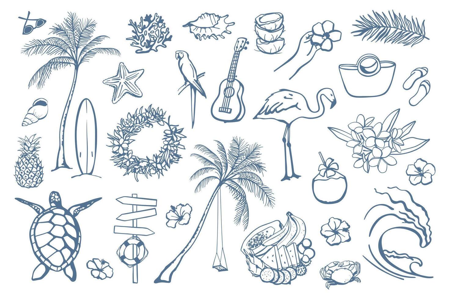 Set of hand drawn Hawaiian vacation elements. Summer attributes such as palm, fruits, sea wave, shells, exotic flowers, surfboard vector