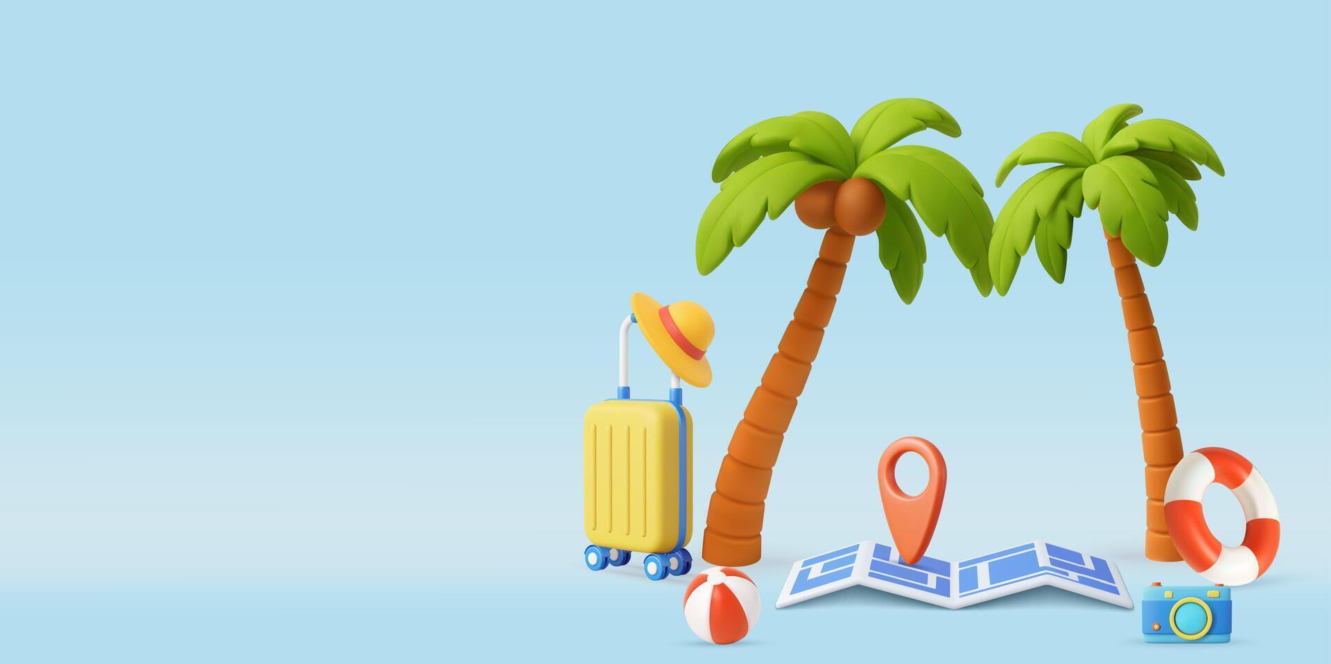 3d Tropical Island Vacation with Map and Suitcase vector