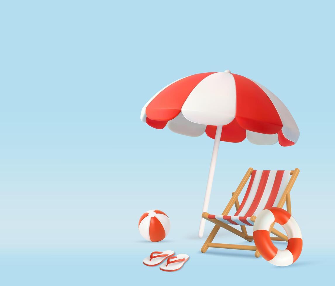3d Beach Chair and Umbrella with Summer Accessories vector