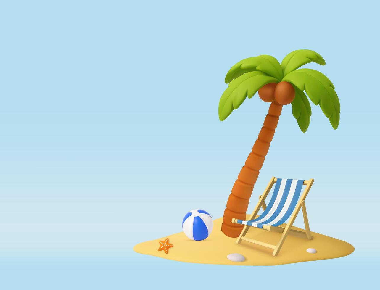 3D beach palm, Deck Chair, and ball. vector