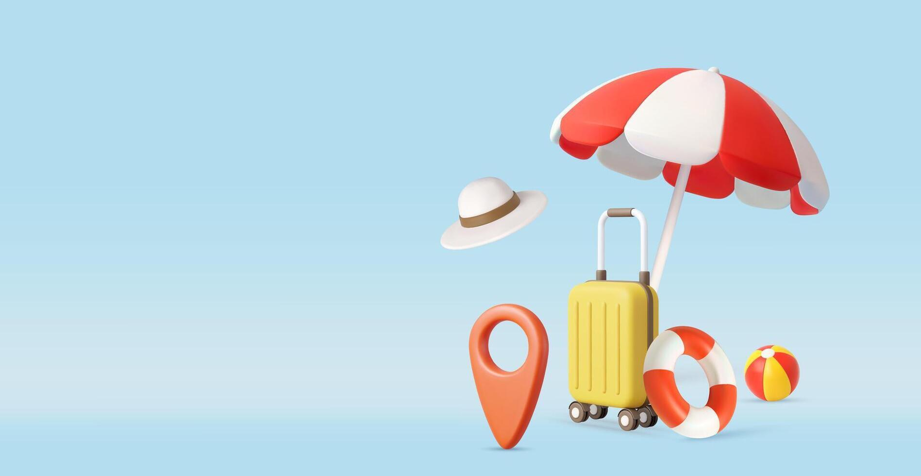 3D Summer Vacation Travel Essentials on Beach vector