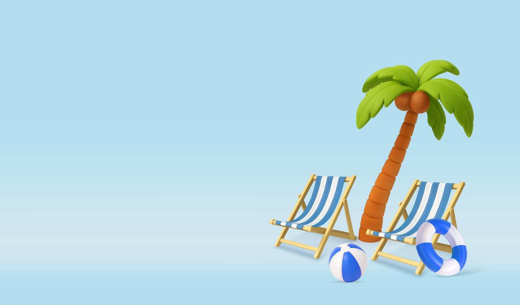 3D Tropical Beach Scene with blue Chairs and Palm vector